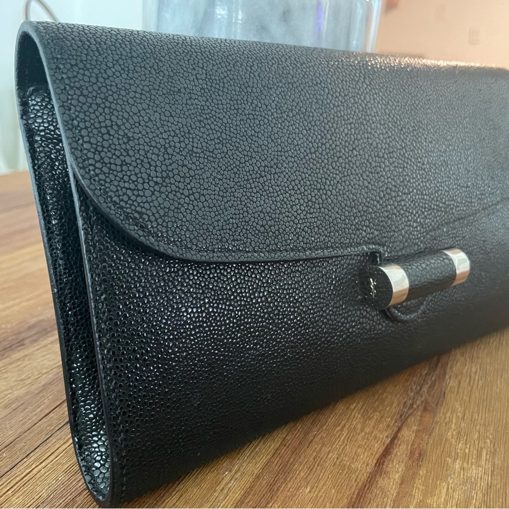 Yves Saint Laurent Black Muse Clutch in Pebbled Leather. Silver Hardware